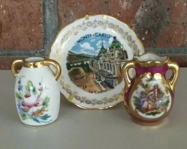 2 x MINIATURE LIMOGE VASES..FRANCE & PLATE..MONTE CARLO CASINO