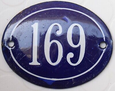 Old blue oval French house number 169 door gate plate plaque enamel steel sign