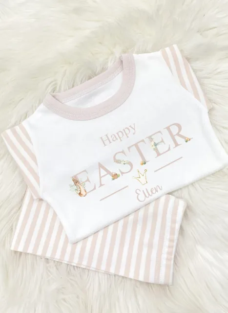 Personalised Happy Easter Beige Rabbit Pyjamas | Baby Boy Girl