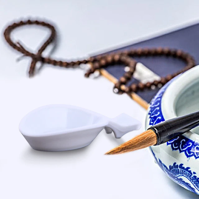 PH PandaHall Porcelain Ink Dish, Mountain Shape Chinese Calligraphy Inkwell Dish Prevent Dry Ceramic Ink Plate With Brush Holder Multifunctional Bowl For Chinese Japanese Calligraphy Practice, White