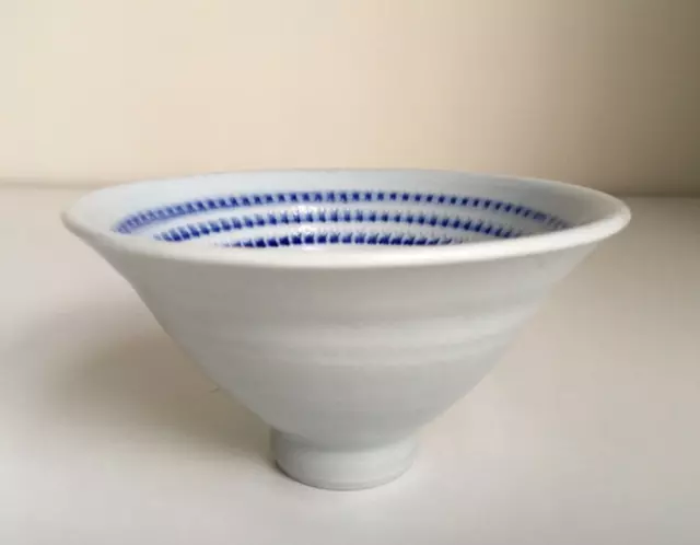 Small Conical Studio Pottery Footed Bowl with Makers Mark, Blue and White