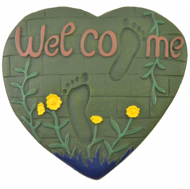 Heart & Foot Prints Welcome Plaque Cast Iron Stepping Stone Yard & Garden Decor