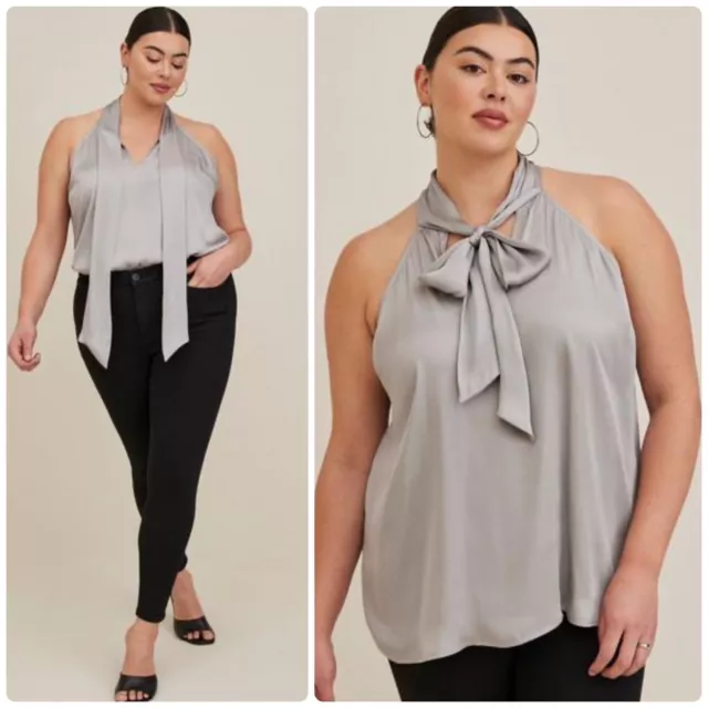 Torrid Satin Bow Tie-Front Halter Top Silver Blouse Shirt Women's Plus Size 4 4X