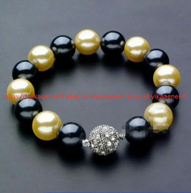 8/10/12mm Black Yellow Round South Sea Shell Pearl Beads Bracelet 7.5'' AAA+