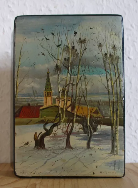 LUPENMALEREI! Alte russische Lackdose. "Die Saatkrähen kehren zurück" Signiert!