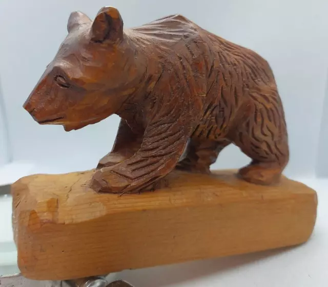 Vintage FOLK ART Hand Carved Wood Wooden Bear Signed DM Fenner 3.5" x 5"