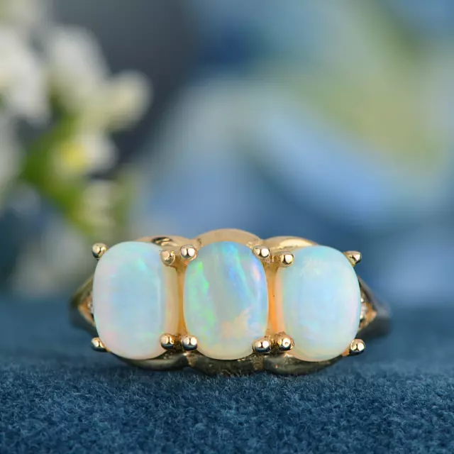 Natural Opal Vintage Style Floral Filigree Three Stone Ring in Solid 9K Gold 3