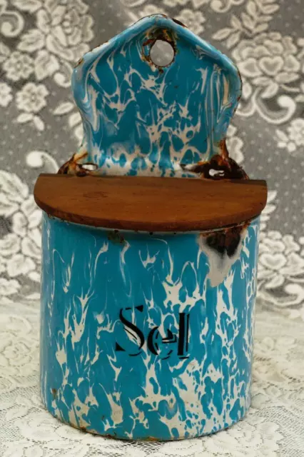 ANTIQUE FRENCH ART DECO 1930s BLUE SWIRL GRANITEWARE ENAMEL SALT 'SEL' CANNISTER