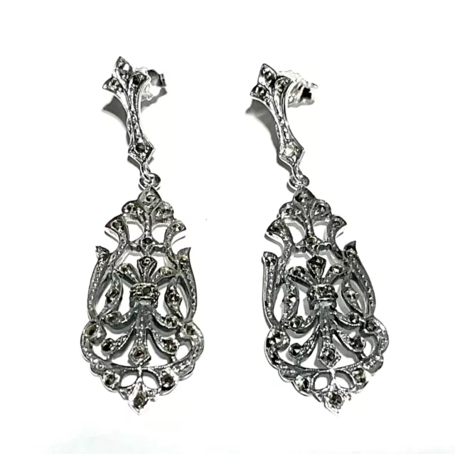 Victorian Edwardian Art Nouveau Marcasite openwork long Chandelier drop Earrings