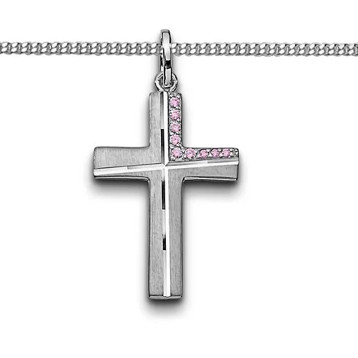 Mädchen Zirkonia Kreuz pink Anhänger Kommunion Firmung Taufe Kette Silber 925