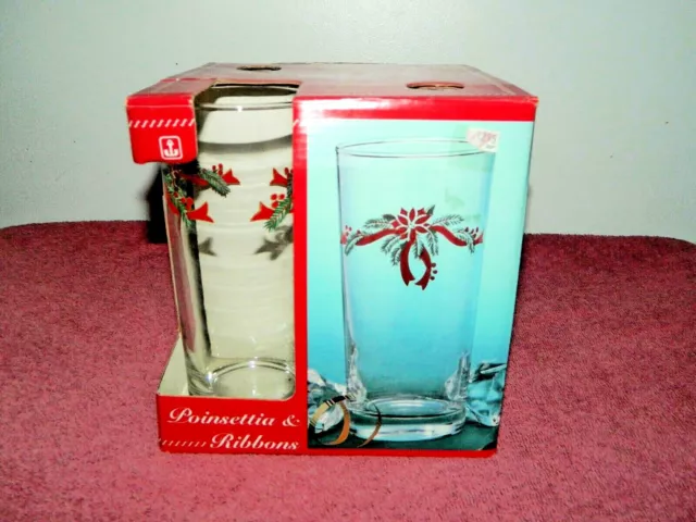 Set of 4 Anchor Hocking Poinsettia & Ribbons 15 oz Iced Tea Glasses Tumblers #1A