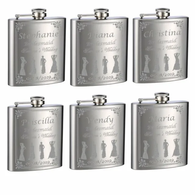 Wedding Flasks for Bridesmaids and Bride, 6 Pack of 6oz Flasks, Personalized