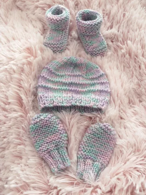 Hand Knitted Baby Booties, Mittens & Beanie Set