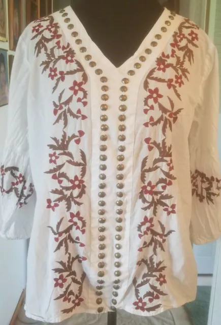 FAIR CHILD Sz L White Peasant Blouse Embroidery Crinkly Hippie Boho Festival