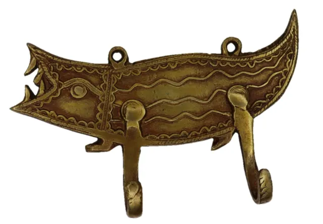 Crocodile Shape Victorian Antique Repro Handmade Solid Brass 2 Hook Wall Hanger