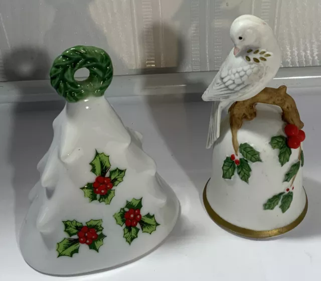 2 Vtg Christmas Bell Ornaments Lefton-1 Signed & 1986 Holly Dove 3.5” w/clappers