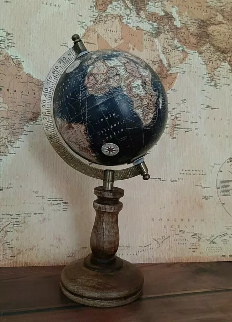 MAPPAMONDO da TAVOLO DECORATIVO NERO Base Alta LEGNO H 30 SFERA ø 13,3 Cm GLOBO