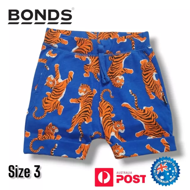 Bonds Kids Boys Toughie Shorts Size 3 Blue with Tiger Design