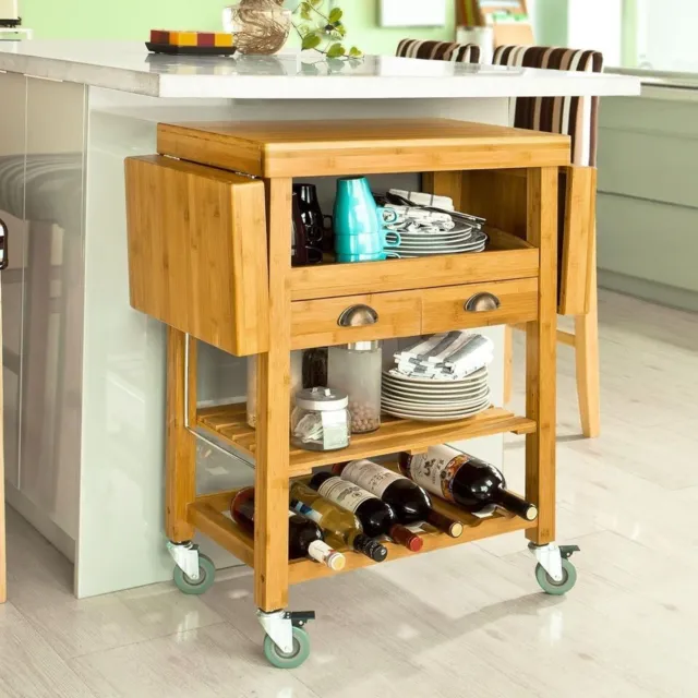 SoBuy® Bamboo Kitchen Trolley Cart with Folding Hinged Side Boards, FKW25-N, UK