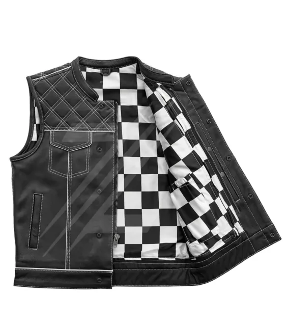 New White Checker Bikers Leather Vest Men's Hunt Club Motorbike Diamond Quilted