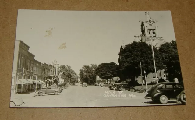 c1940 Main Street Savannah Missouri RPPC MO Street Scene Town View
