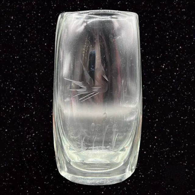Vintage Etched Swan Duck Goose Clear Vase Crystal 7”T 3”W