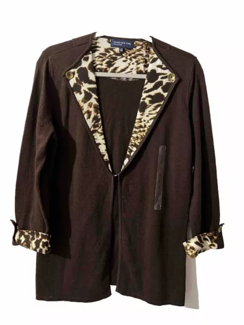 JONES NEW YORK Signature Sweater Jacket L Brown Leopard Trim 3/4 Sleeve ...