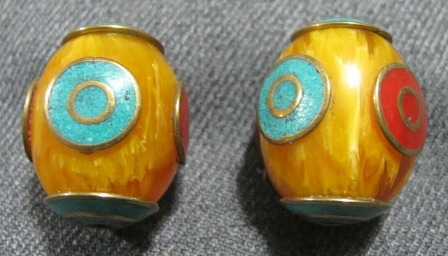 Vintage chipped coral & turquoise inlaid metal medallions faux amber loose beads