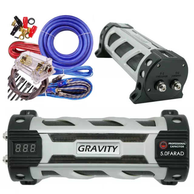 Gravity  5 Farad Capacitor Audio 6000 Watts Power 12V Digital GR-5.0 + 0 GA KIT