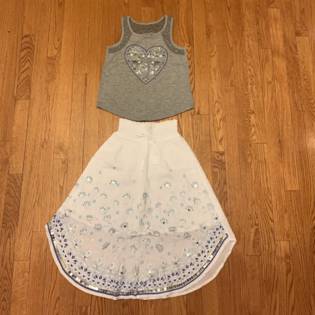 Justice Girls Gray Top/Shirt With Matching White Skirt Outfit, Size 8