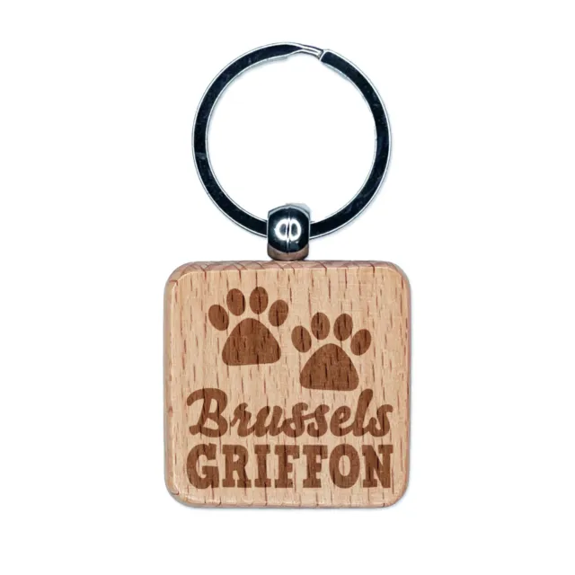 Brussels Griffon Dog Paw Prints Fun Text Engraved Wood Square Keychain Tag Charm