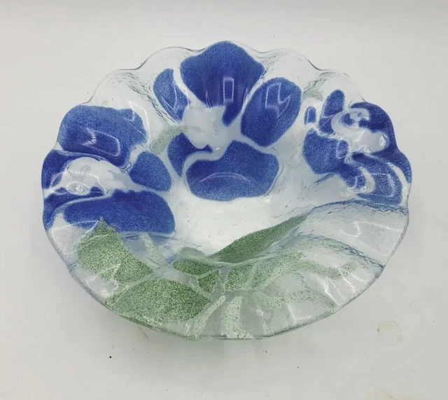 SYDENSTRICKER 6 5/8" Bowl Studio Fused Art Glass Signed Ruffled Rim Blue Flower