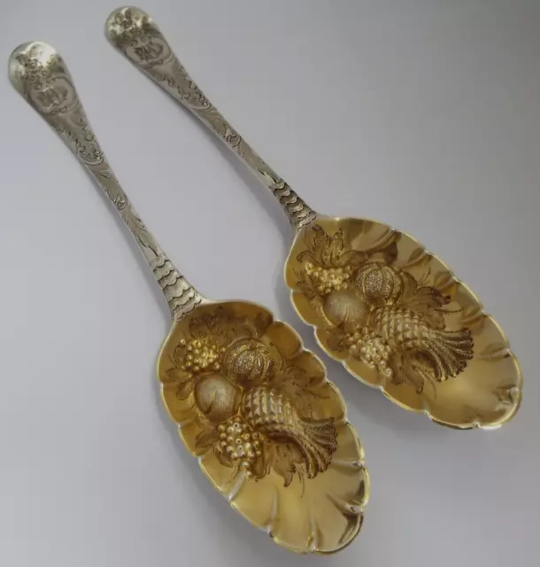 Superb Clean Heavy Pair Antique Georgian 1741 Sterling Silver Berry Fruit Spoons
