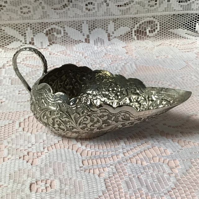 Antique Persian 850 Silver Repousse Sauce Jug.  Open Cartouche. 83.98g