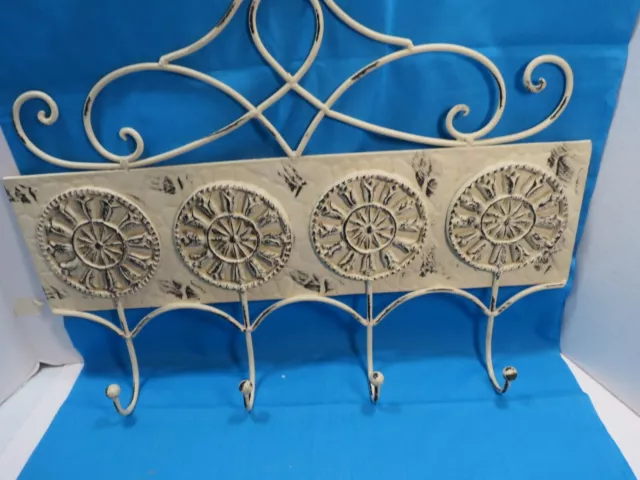 4 Hooks Wall Coat Towel Hat Hanger Cast Iron Metal White Distressed Farmhouse