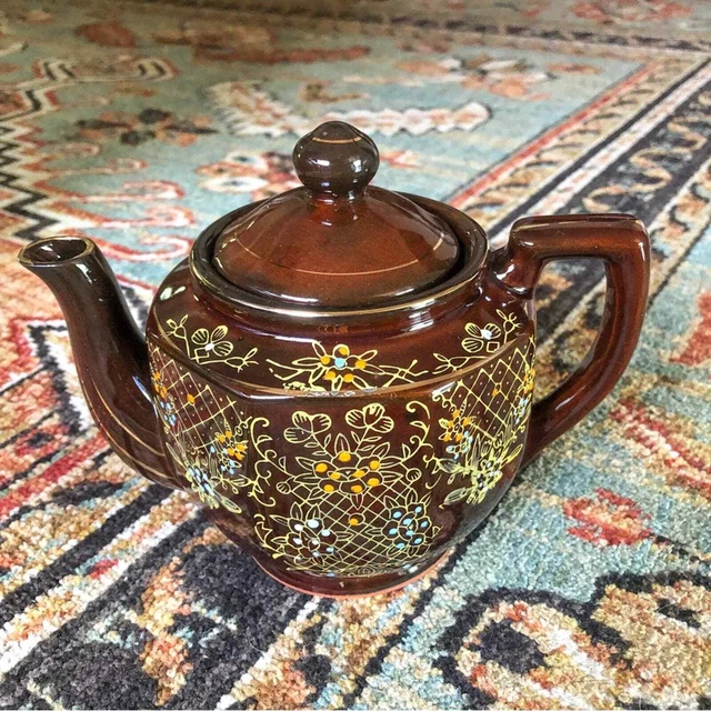 Vintage Japanese Teapot Floral Handpainted Porcelain Brown Ceramic Pottery 1940s