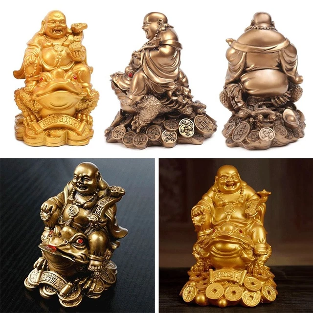 Bronzo Statua del Buddha Maitreya Resina Rospo Figurine  Decorazione da tavolo