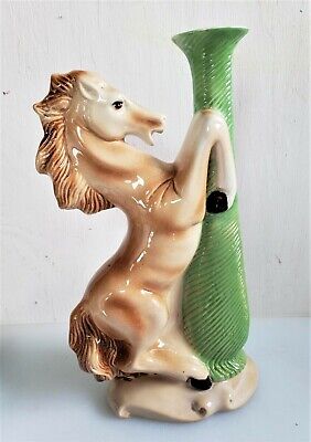 Vintage Mid Century Ceramic Horse with Green Vase Marked Effeemeby Crest, 11"
