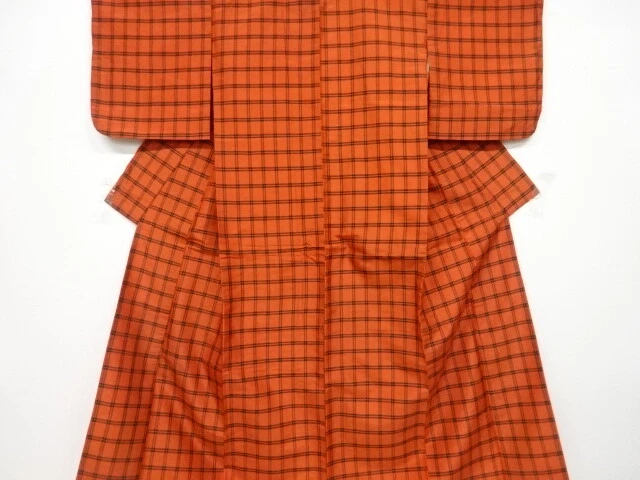 6404978: Japanese Kimono / Antique Kimono / Tsumugi / Woven Grid