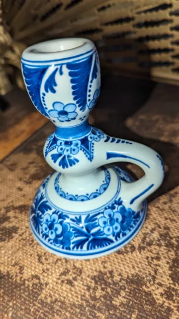 Vintage Delft Candlestick With Finger Loop Dutch Blue & White Pottery 2