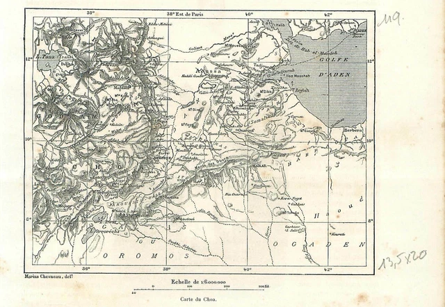 Carte du Golfe d'Aden Djibouti Somalie Abyssinie Afrique de l'Est GRAVURE 1889