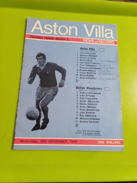 Aston VILLA V Bolton Football Programme.  19..11.1969. LD2.  Team Changes