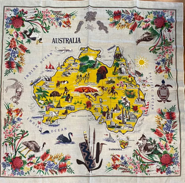 Vintage Pure Linen Australia Map Flora and Fauna Gorgeous Colors 49"