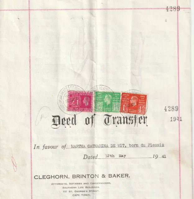 1941 South Africa Deed of Transfer.Fine Used KGV1 Revenues.