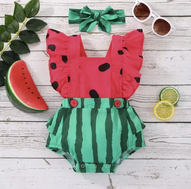 Baby girl toddler watermelon romper summer outfit matching headband novelty outf