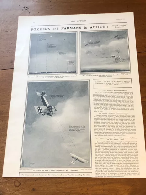 ww1 full page print from the sphere ! fokkers and farmans in action