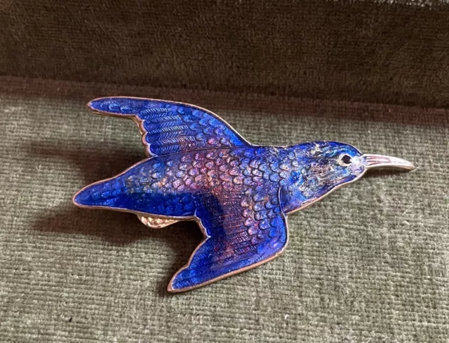 Vintage Jewellery Beautiful Art Deco Blue Enamelled Bird In Flight Brooch