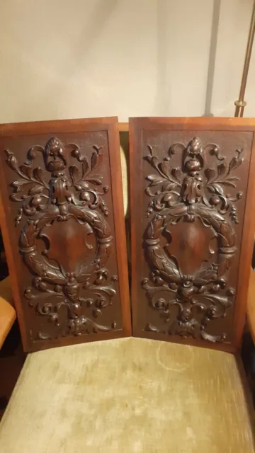 Pair Wonderful Hand Carved Wood  Panels