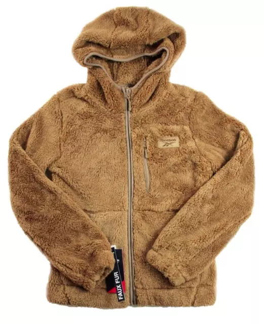 Reebok Womens Hooded Jacket Coat S Full Zip Long Sleeve Faux Fur Toffee $150 NEW