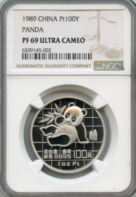 China 1989 PLATINUM Panda 100 Yuan, Low Mintage, NGC graded PF-69 Ultra Cameo
